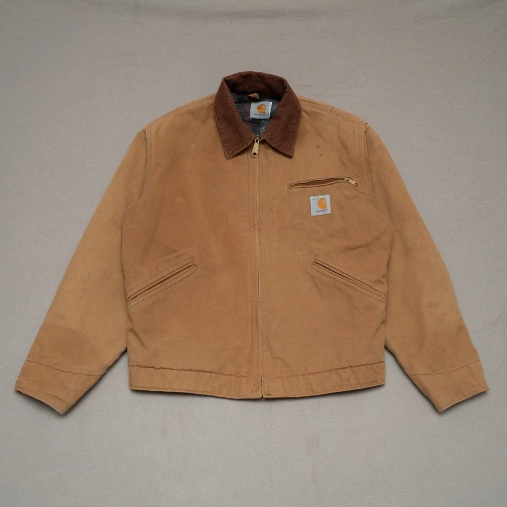 Vtg Carhartt Brown Detroit Blanket Lined Jacket J97 Size Small Corduroy Collar